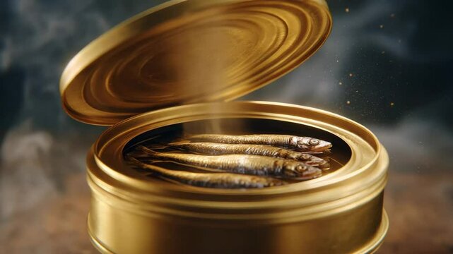 Close-up shot of an open can of sardines, perfectly preserved and ready to enjoy