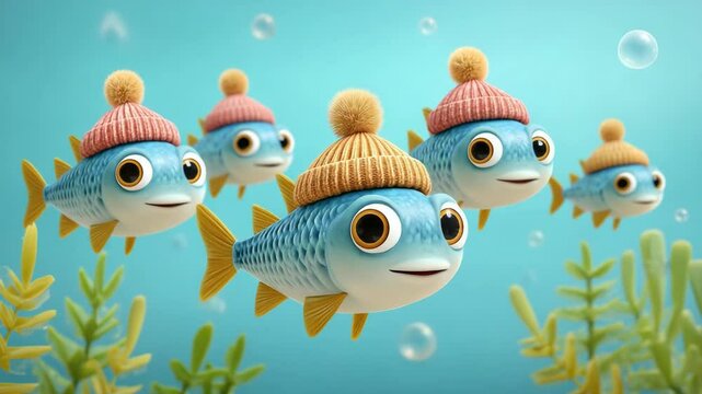 a whimsical scene featuring a group of cute, cartoon fish wearing hats underwater