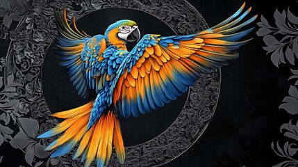 Fototapeta premium Vibrant parrot in flight, framed by ornate decorative design.