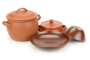 Set of beautiful clay dishes isolated on white