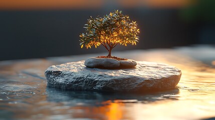 Golden hour bonsai tree small rock island photo