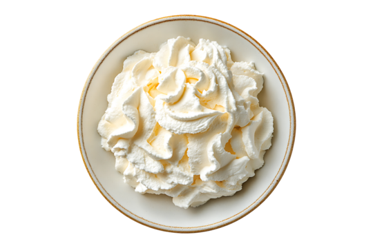 Delicious creamy whipped cream on a plate isolated on a transparent background.