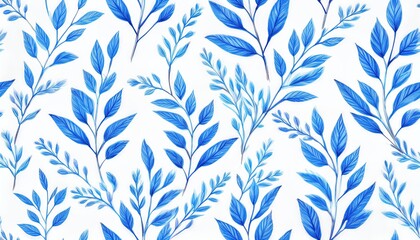 Watercolor Seamless Pattern Ornament with Blue Branches and Vibrant Blues on a White Backdrop An Exquisite Blend of Whimsy and Serenity Perfect for Digital Art, Home Decor, or Design Inspiration