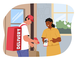 Woman character paying with qr code scanner by mobile phone for delivery service cartoon scene