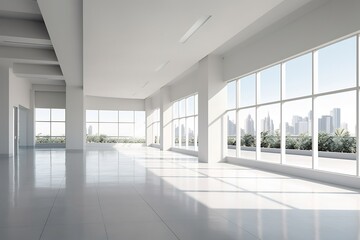 Obraz premium Empty space transformed into architectural vision featuring vast open area minimalist design building feature clean geometric shape expansive glass facade interact natural light palette dominated soft
