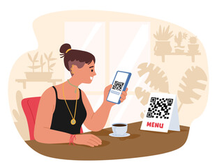 Teenage girl character scanning qr code to view restaurant menu and pay for order cartoon scene