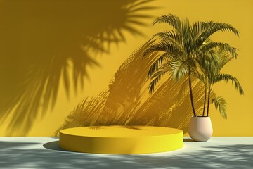 Obraz premium Bright Yellow Backdrop With Circular Platform and Potted Palm Tree Creating a Vibrant Setting