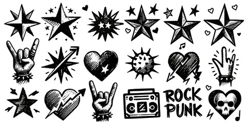 Stylized Rock and Punk Motifs, A high-energy graphic set reflecting the raw attitude of rock and punk culture in striking monochrome art