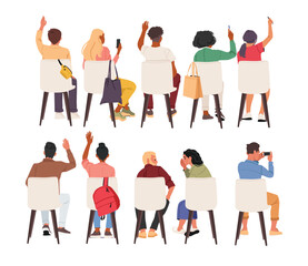 Back view of people cartoon characters sitting on chairs with raised hands participating at seminar