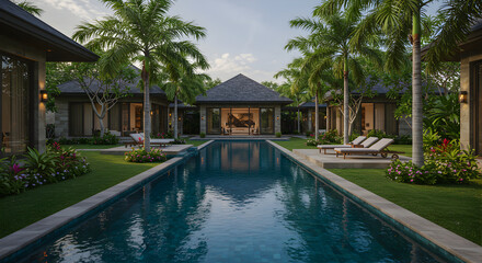 Obraz premium Luxury Villa With Infinity Pool Surrounded By Palm Trees And Lush Garden