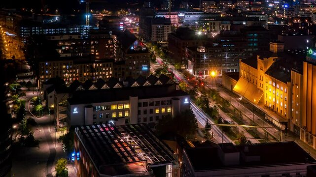 Malmo City Skyline Aerial Sunset Transition Timelapse