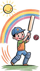 Cheerful illustration of a child playing cricket under a rainbow and sun