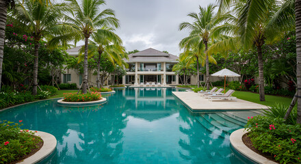 Obraz premium Luxury Villa With Pool Surrounded By Tropical Vegetation Under Cloudy Sky