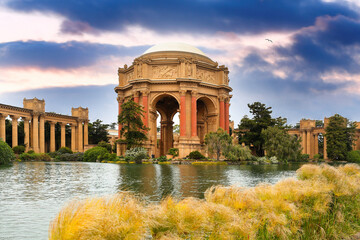 Palace of Fine Art at sunset, San Francisco, California. The Palace of Fine Arts is San Francisco’s most iconic venue. Originally built for the 1915 Panama-Pacific Exposition.