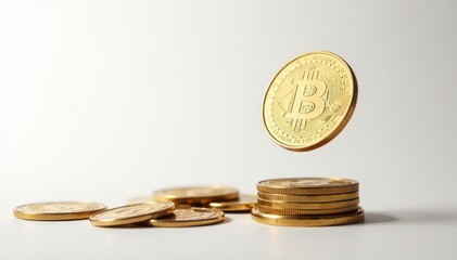 A single coin flipped mid-air, isolated on white , close-up, simple