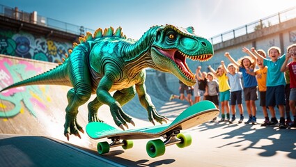 Dinosaur Performing Skate Tricks at Skatepark