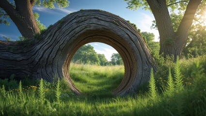 Circular Tunnel in Tree Trunk in Meadow