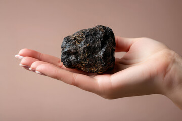 Close-up of a female hand holding Himalayan Shilajit resin for natural health and wellness benefits