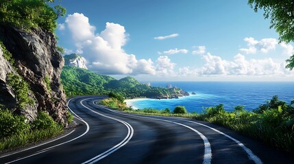 Winding coastal road through tropical landscape.