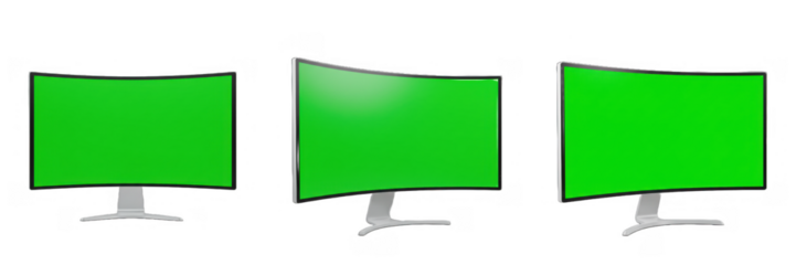Curved monitor screen collection green display chroma key digital workspace design computer mockup isolated on transparent background, png file