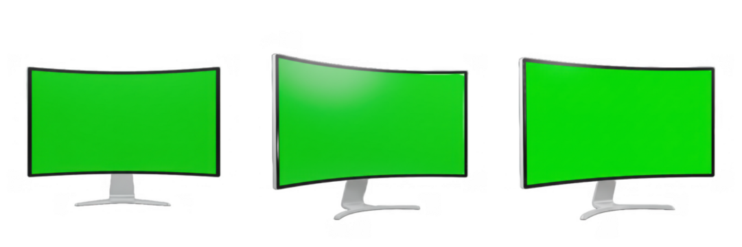 Curved monitor screen collection green display chroma key digital workspace design computer mockup isolated on transparent background, png file