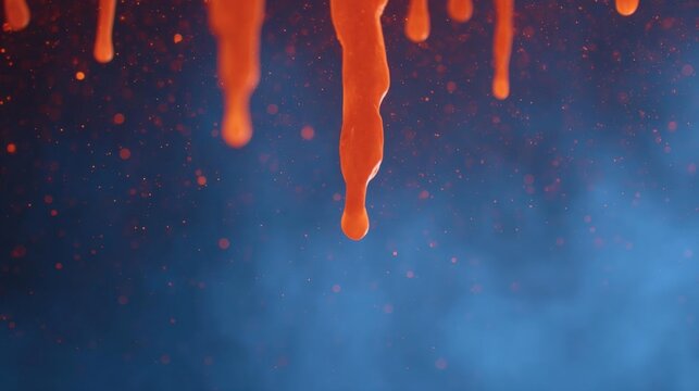 Abstract background with a dark blue and red color scheme. in the center of the image, there is a long, flowing orange liquid that appears to be dripping down from the top left corner.