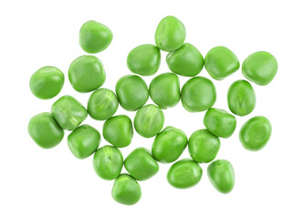 Pile of fresh green peas isolated on a white background, top view.