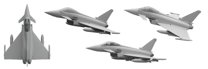 Military fighter jet model detailed aircraft technology weapon aviation design Eurofighter Typhoon concept aerodynamic engine supersonic machine blueprint isolated on transparent background, png file