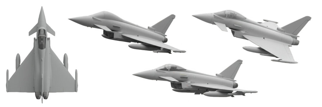 Military fighter jet model detailed aircraft technology weapon aviation design Eurofighter Typhoon concept aerodynamic engine supersonic machine blueprint isolated on transparent background, png file