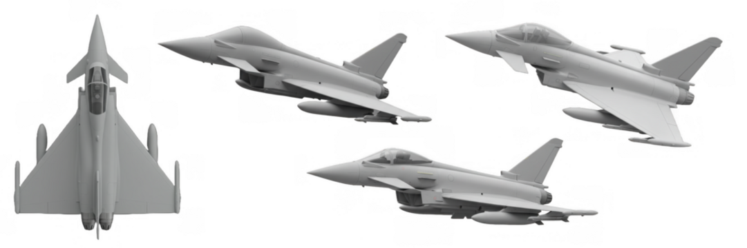 Military fighter jet model detailed aircraft technology weapon aviation design Eurofighter Typhoon concept aerodynamic engine supersonic machine blueprint isolated on transparent background, png file