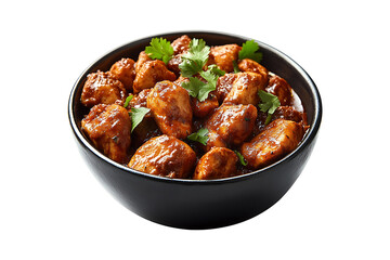 Chicken Vindaloo in black bowl isolated on a transparent background.