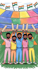 Cricket team celebrates victory at stadium with Indian flags illustration.