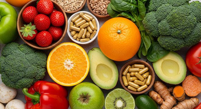 A vibrant assortment of fruits vegetables seeds and supplements arranged on a flat surface overhead view