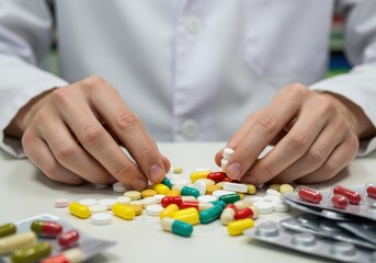 Pharmacist hands counting pills capsules, Medication preparation, Pharmacy dispensing visual, Tablet texture, Medical supplies handling