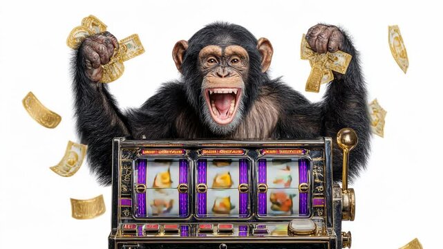 Excited chimpanzee celebrating jackpot win at slot machine with flying money on white background