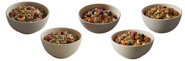 Healthy breakfast bowl granola seed fruit nut oat mix meal snack natural cereal ingredient organic energy isolated on transparent background, png file