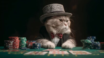 Funny cat in suit and glitter top hat playing poker at green table with chips and cards in dramatic light - Powered by Adobe