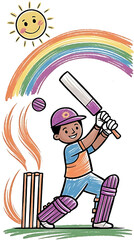 Illustration of a boy playing cricket with bat, ball, rainbow and sun
