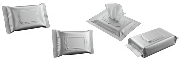 Wet wipe pack design personal hygiene care cleaning portable sealed tissue pouch plastic health cleanliness freshness isolated on transparent background, png file