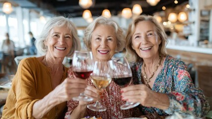 Three happy senior women celebrating friendship with wine glasses at cozy restaurant smiling together - Powered by Adobe