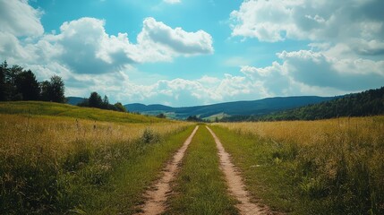 Fototapeta premium Dirt path through fields under a blue sky