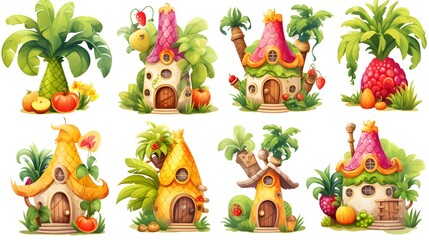 Colorful Fruit and Vegetable Fairy House Cartoon Vector Illustration for Creative Design Projects