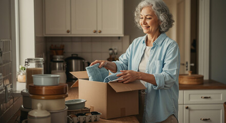 Smiling woman packing dishes into a cardboard box in a bright kitchen environment at home setting