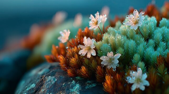 Dewkissed Flowers on Vibrant Moss A CloseUp of Natures Delicate Beauty in Soft Morning Ligh