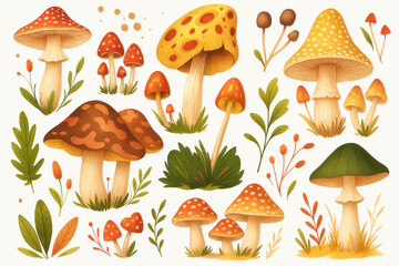 Charming autumn mushroom clipart set in warm tones—perfect for fall crafts, woodland decor, stickers, and seasonal DIY design projects.