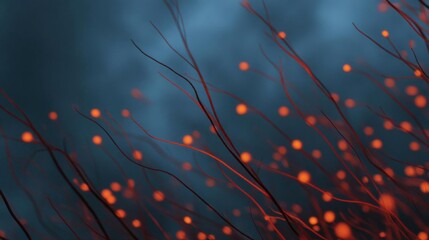Close-up of a group of red branches with small orange dots scattered throughout. the branches appear to be thin and slender, and the dots are small and round.