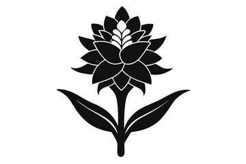 Elegant Black Flower with Overlapping Petals and Two Leaves, Simple Floral Design