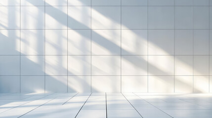 Empty room bathed in sunlight, casting shadows on white tiled walls and wooden floor