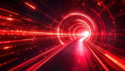 A futuristic red tunnel with dynamic light streaks conveys themes of speed, innovation, data transfer, and cutting-edge technology