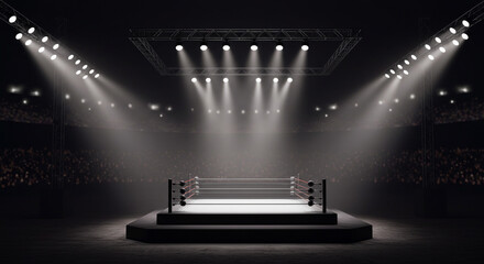 A boxing ring under bright spotlights in a dark arena with an audience in the background scene view